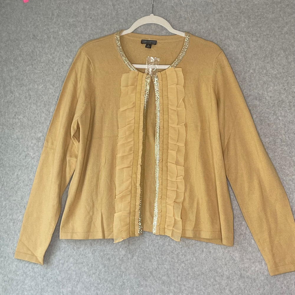 Pamela Dennis XL Tan Cashmere Wool Blend Embellished Ruffle Cardigan Sweater